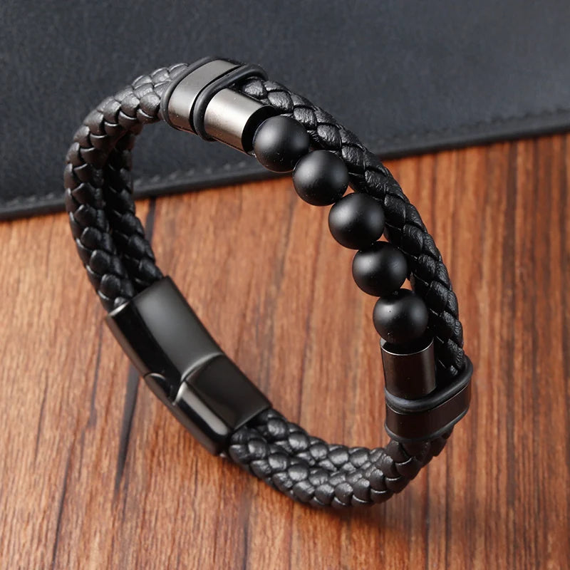 FBA Men's Beaded Leather Magnetic Clasp Bracelet | Natural Stone Jewelry