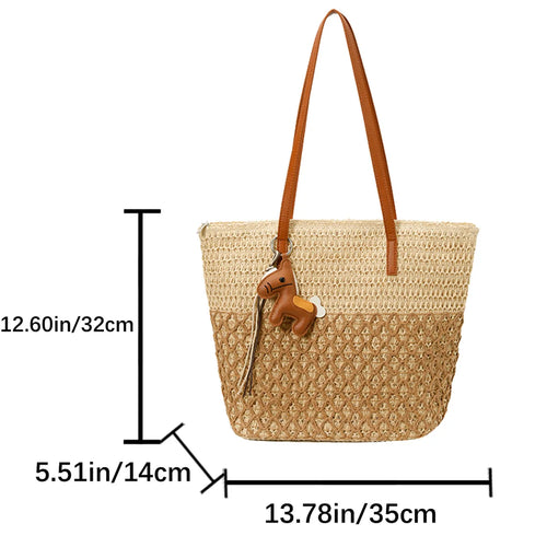 Bohemian Straw Tote Bag with Pony Charm – Hollowed Weave Beach Shoulder Bag