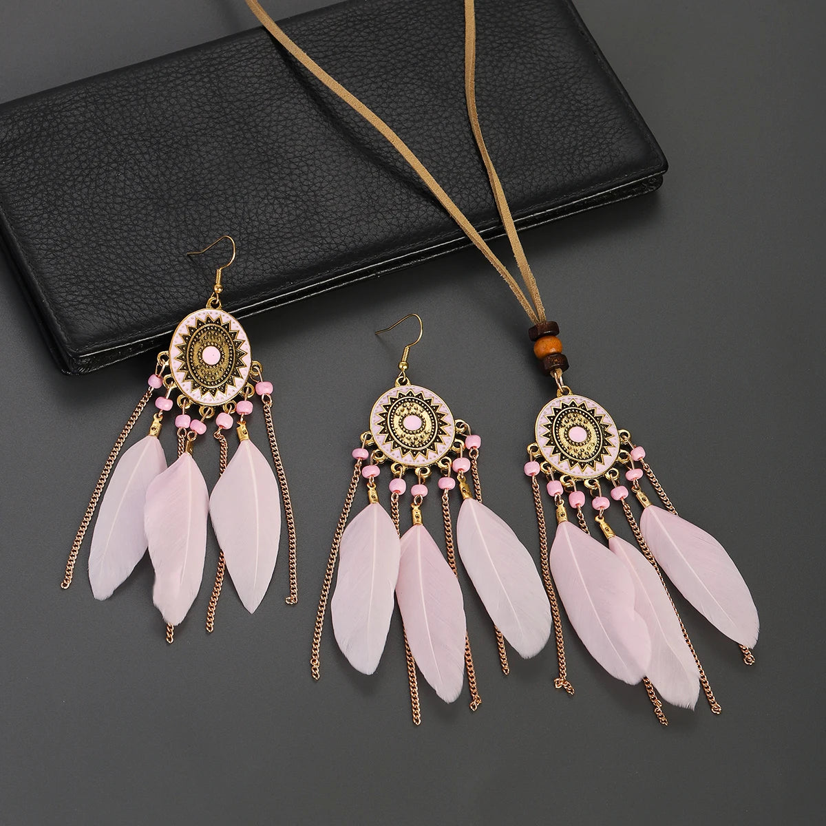 FBA Feather Necklace & Earring Set | Boho Tassel Jewelry
