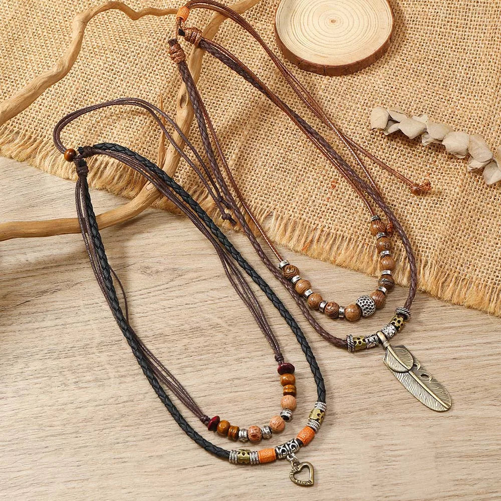 FBA Bohemian Layered Feather Leather Necklace | Ethnic Rustic Jewelry