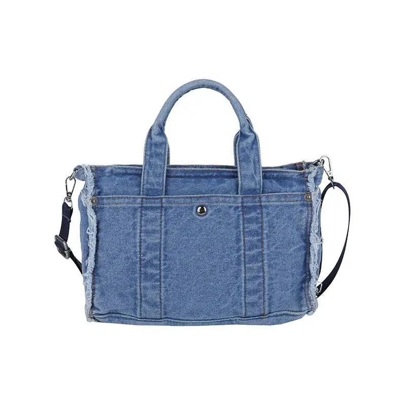Denim Tote Bag with Ruched Straps – Large Capacity Crossbody Shoulder Handbag