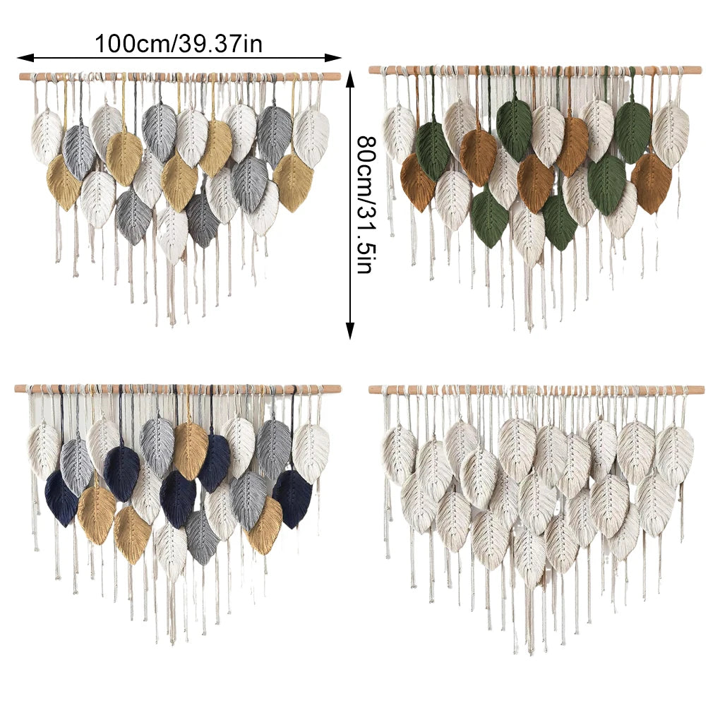 Large Boho Macrame Wall Tapestry | Handwoven Leaf & Feather Wall Art