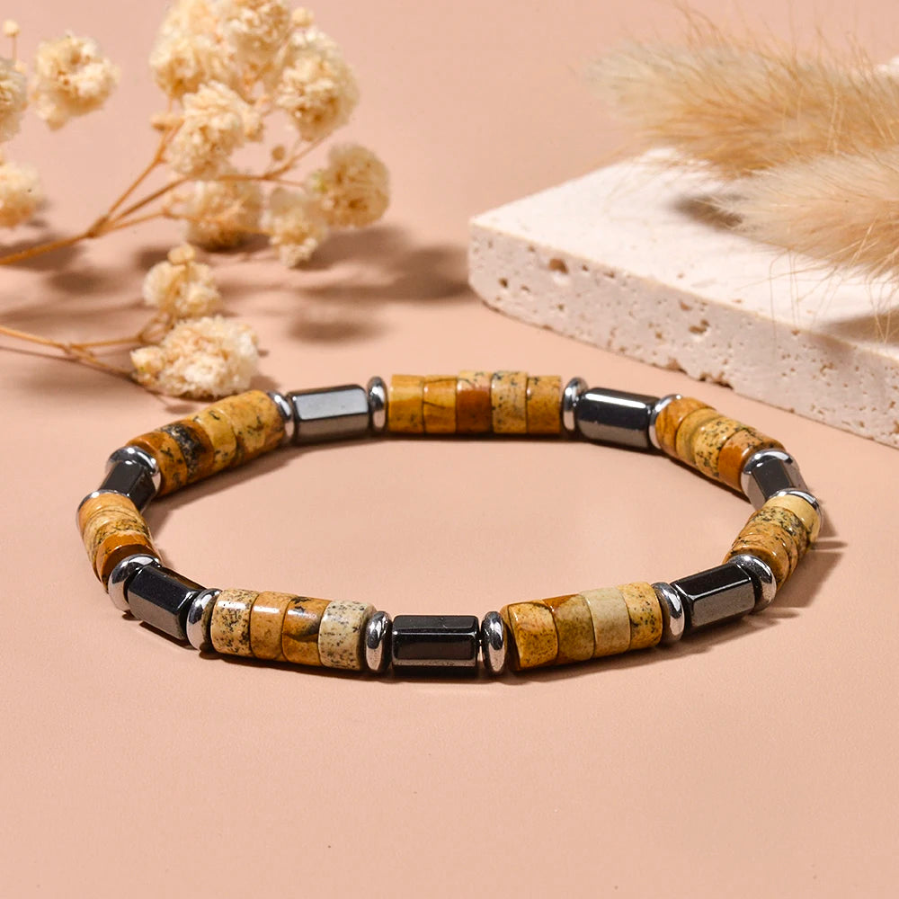 FBA Picture Jasper Hematite Beaded Stretch Bracelet | Men's Anniversary Gift