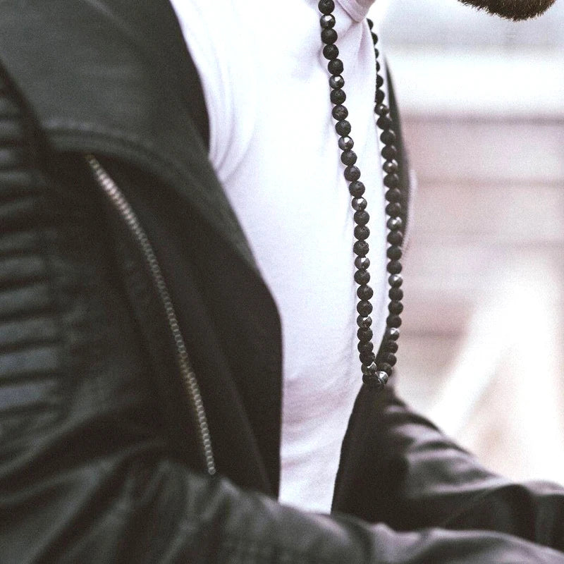 FBA Black Lava Stone Beaded Choker Necklace | Men's Vintage Jewelry
