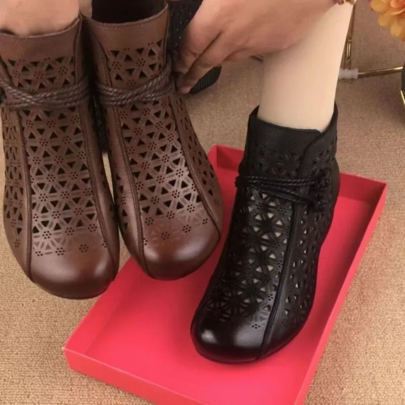 Women's Hollow-Out Ankle Boot — Square Heel, Round Toe, Zip-Up