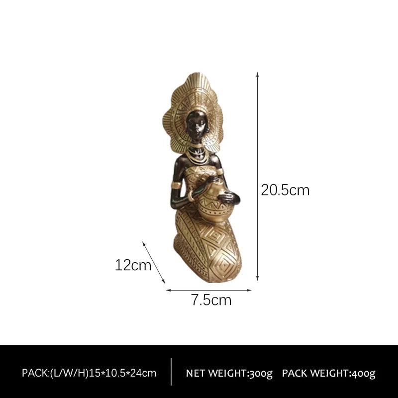 African Woman Resin Statue | Tribal Lady Figurine in Black & Gold for Living Room & Home Decor