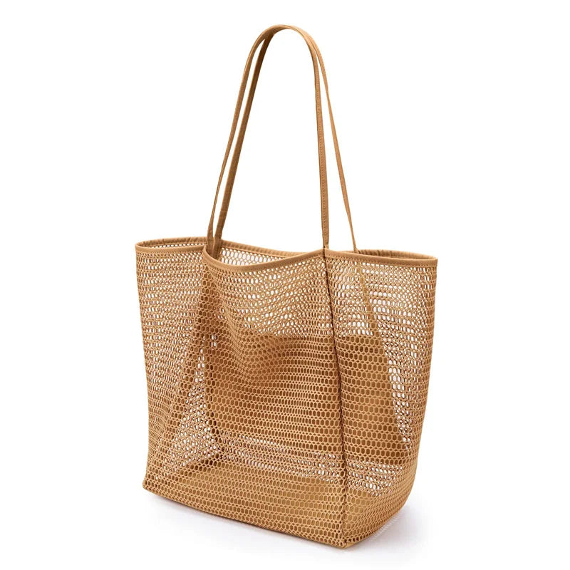 Women's Large Capacity Polyester Woven Beach Tote Bag – Durable Open Top Shoulder Bag for Travel & Shopping