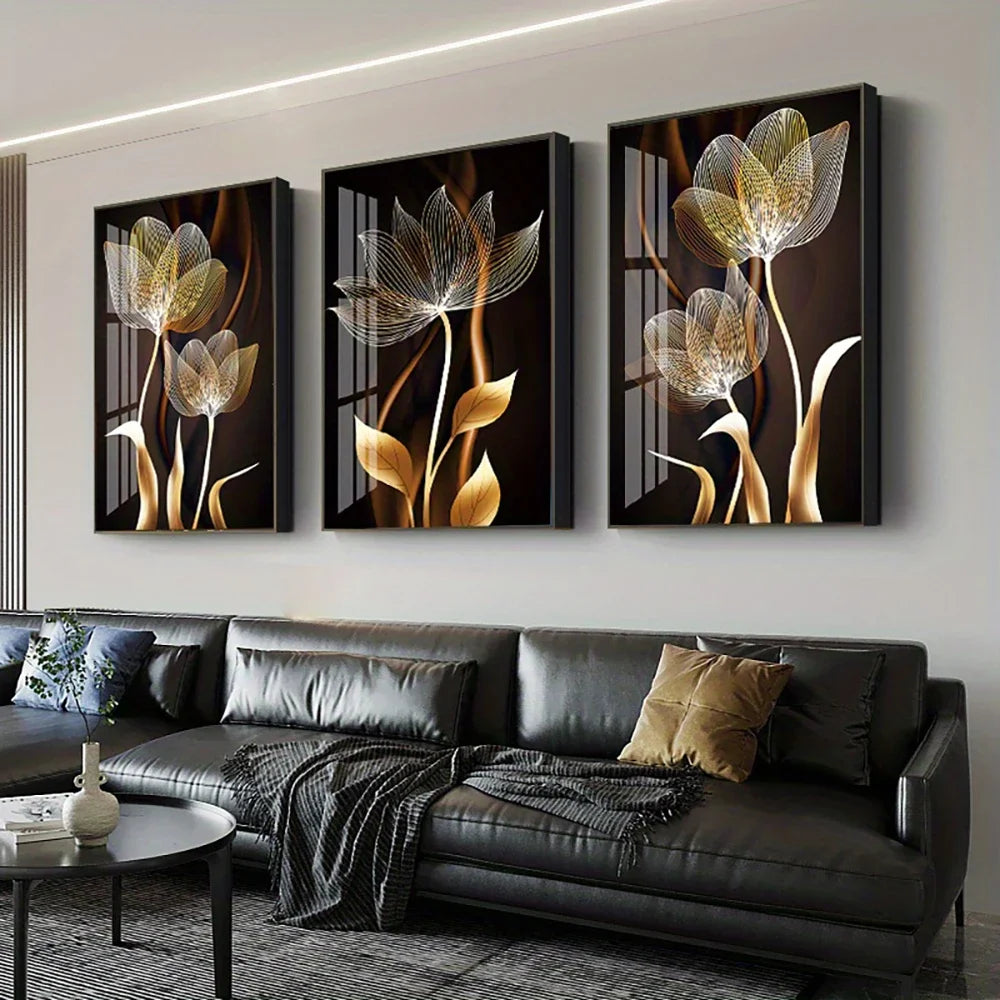 Black & Gold Flower Canvas Print | Modern Abstract Wall Art for Living Room Home Decor