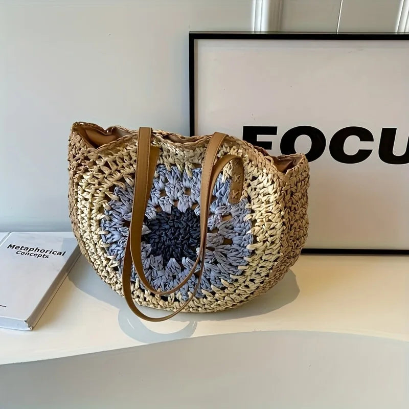 Handwoven Summer Round Straw Bag – Bohemian Beach Vacation Basket Tote for Women