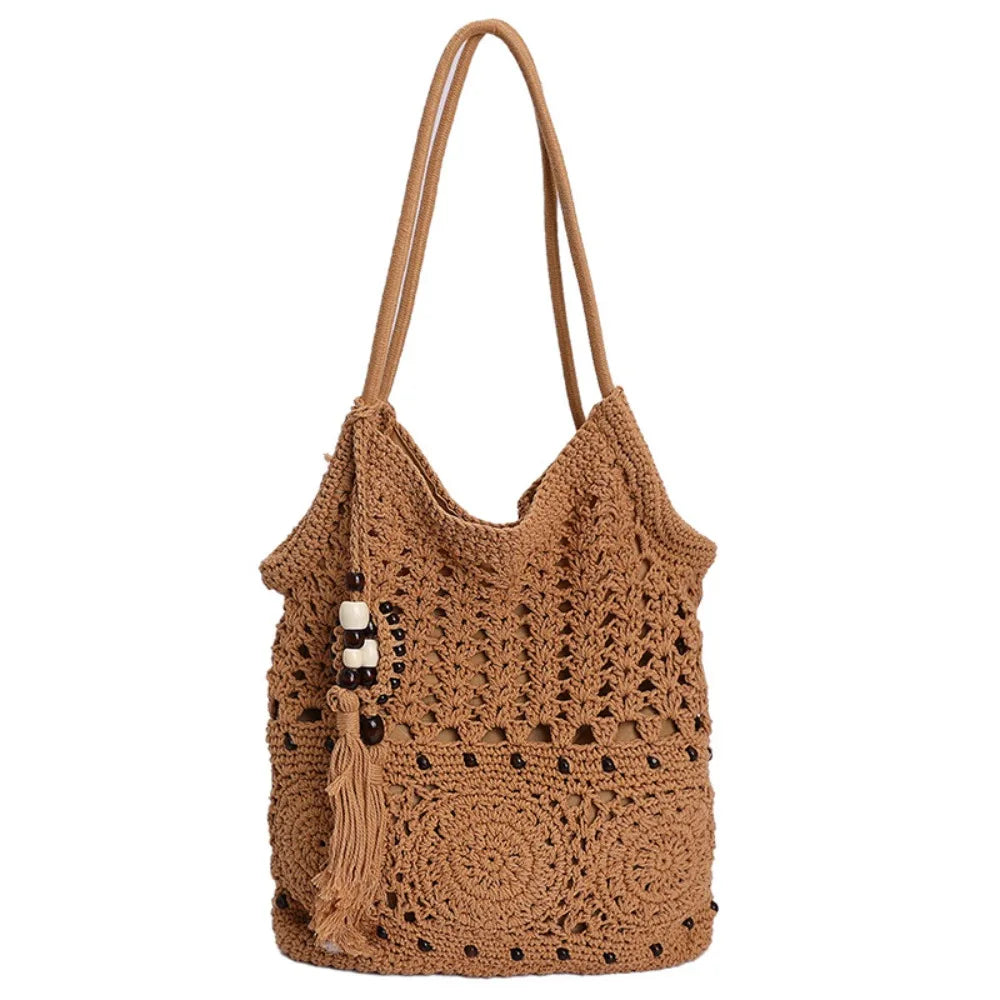 Bohemian Crochet Tote Bag with Bead Fringe Charm – Hollow-Out Knitted Ethnic Boho Weave Bag
