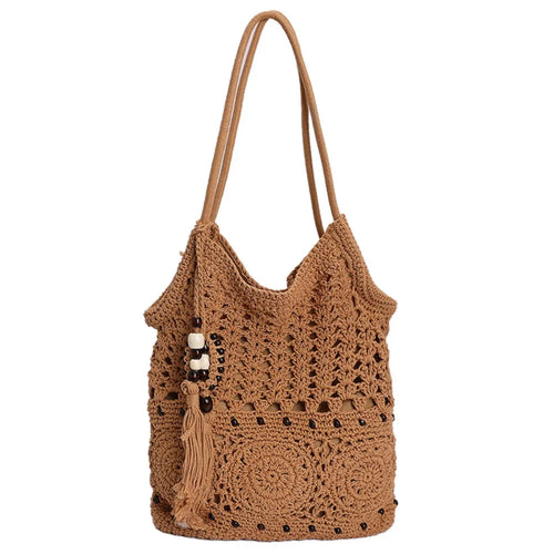 Bohemian Crochet Tote Bag with Bead Fringe Charm – Hollow-Out Knitted Ethnic Boho Weave Bag