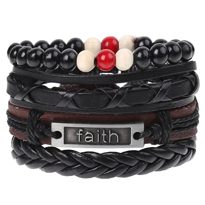 FBA 4-Piece Braided Leather Ethnic Wristband Set | Hope Believe Bracelet