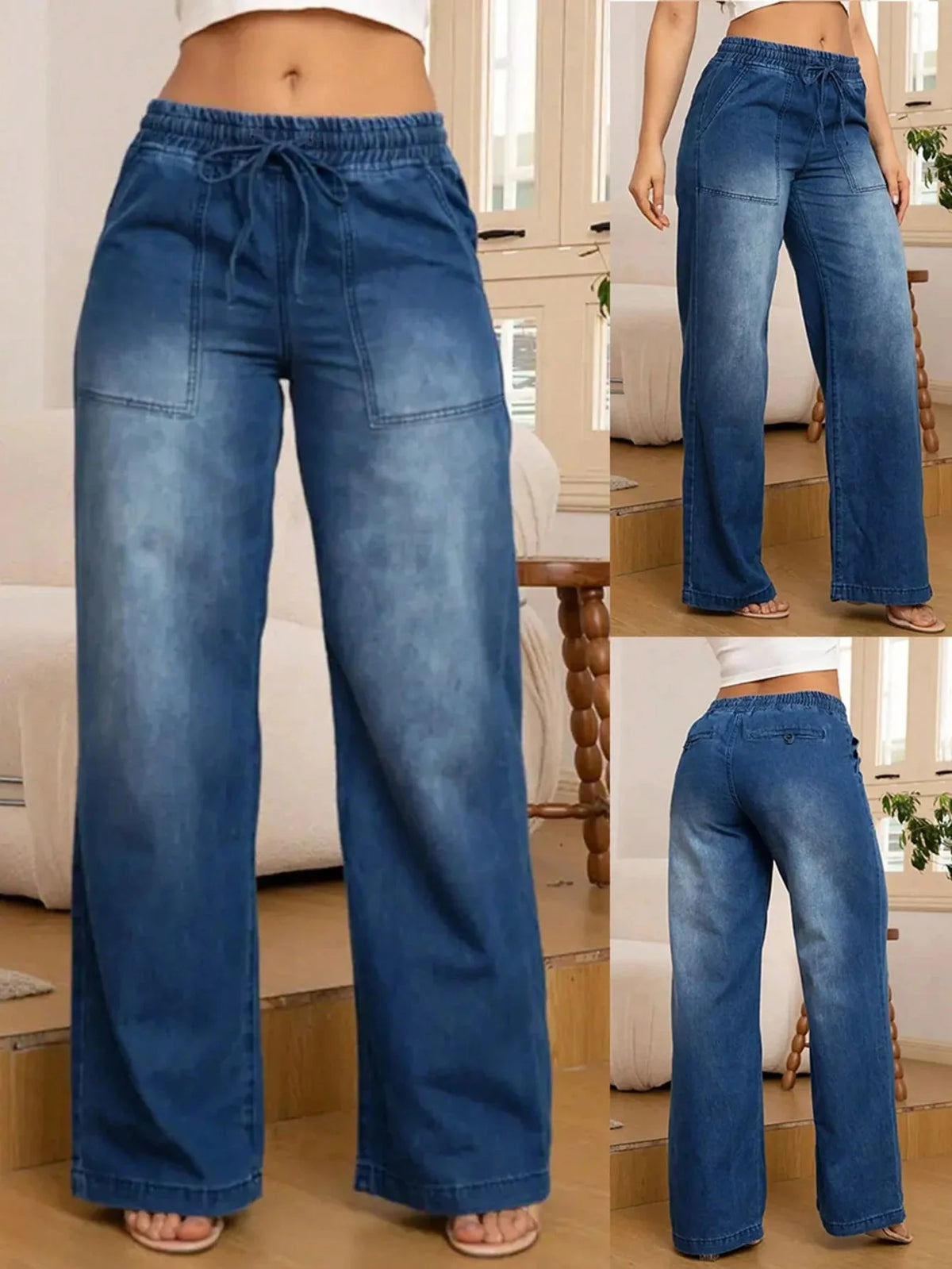 Women's American Retro Casual Loose Fit Drawstring Ankle-Length Jeans – Double Pocket Cotton Denim | Multiple Colors | S–3XL | FBA Vibes
