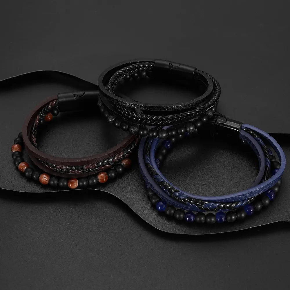 FBA Vintage Leather Magnetic Buckle Men's Bracelet | Handwoven Jewelry