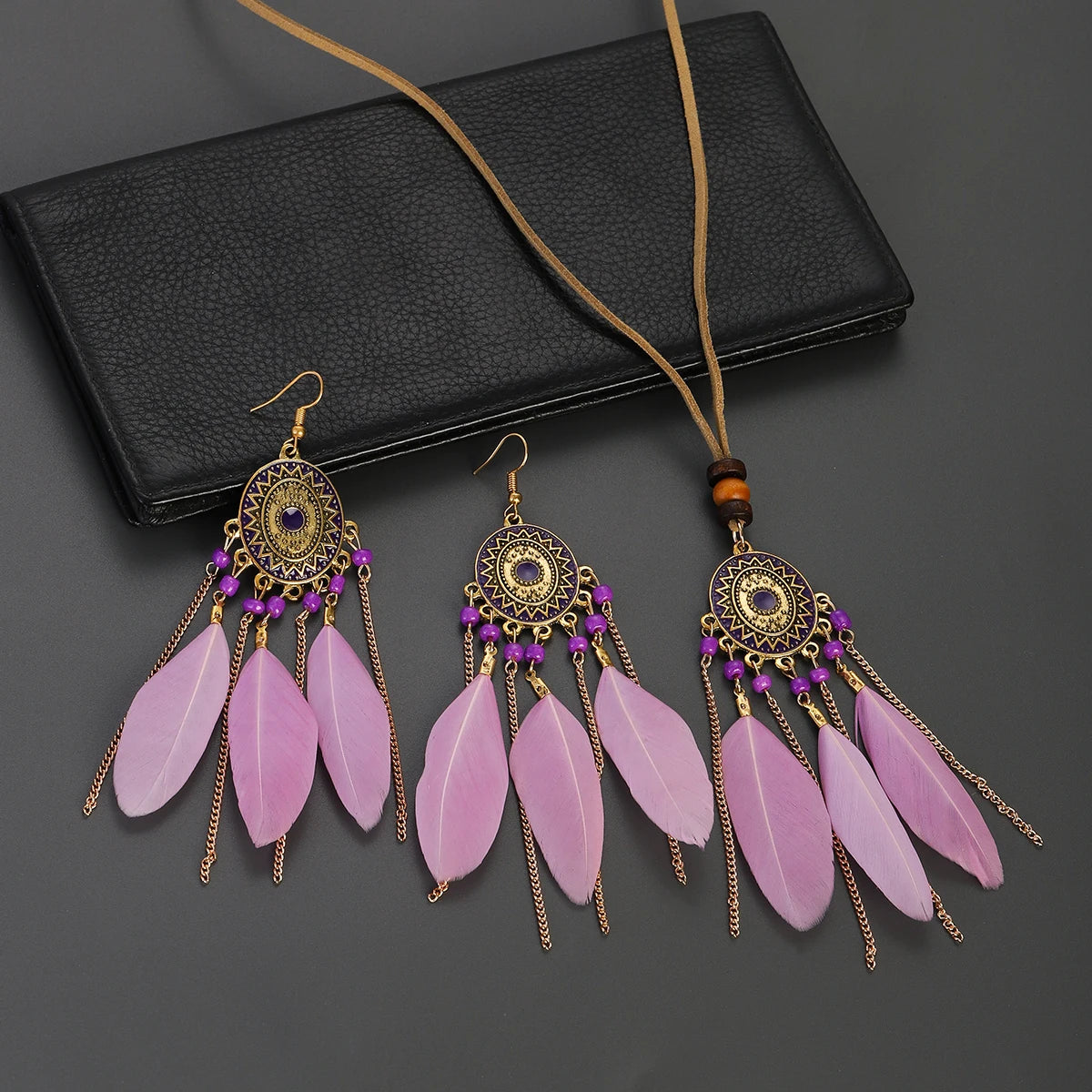 FBA Feather Necklace & Earring Set | Boho Tassel Jewelry