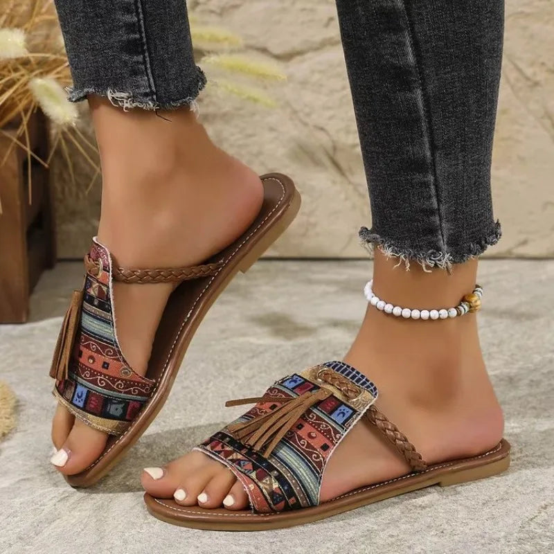FBA Women's Ethnic Style Round Head Slides | Plus Size Beach Slippers