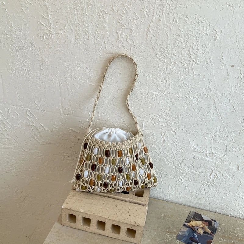 Handmade Woven Beaded Lattice Bag with Wooden Handle – Openwork Shoulder Tote