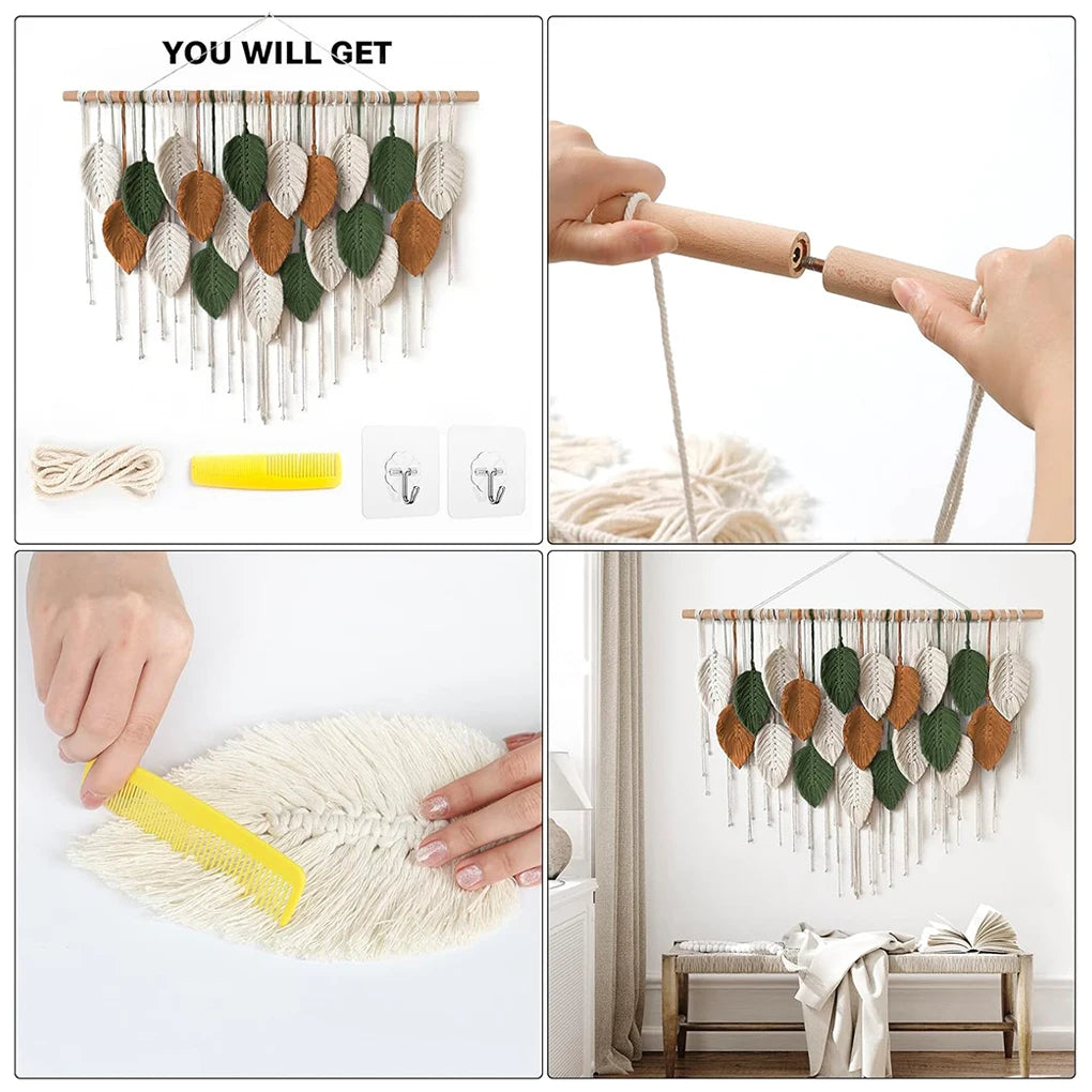Large Boho Macrame Wall Tapestry | Handwoven Leaf & Feather Wall Art