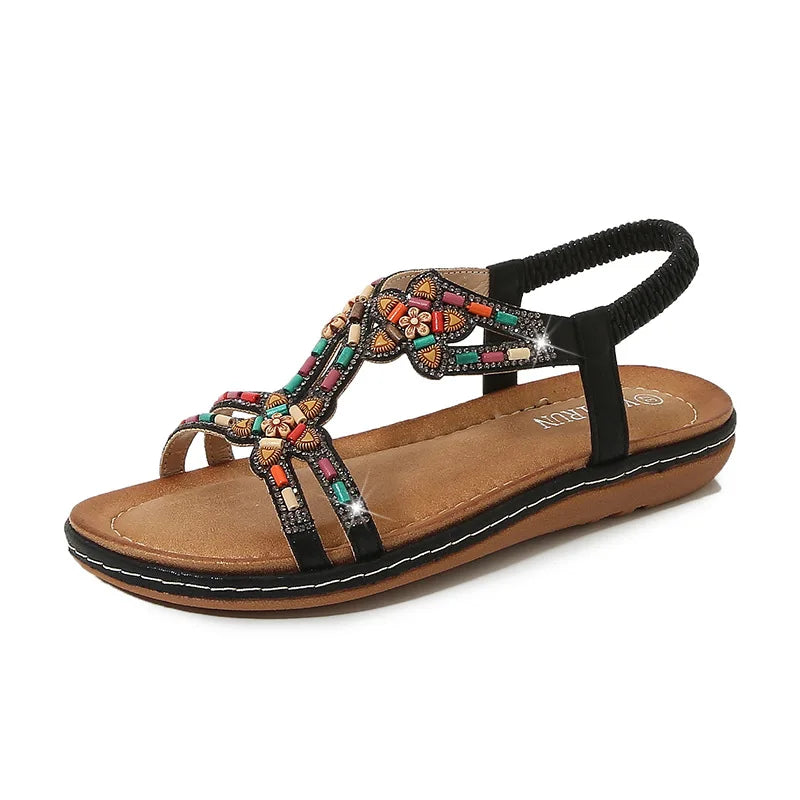 FBA Women's Rhinestone Bohemian Hollow Flat Sandals | Summer Casual Shoes