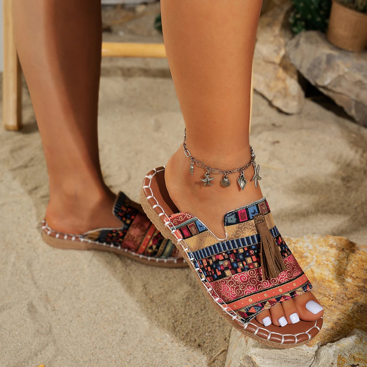 FBA Women's Mixed Color Low Heel Beach Slides | Plus Size Sandals