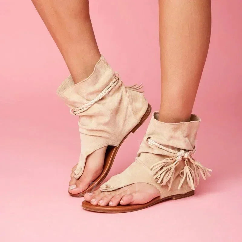 Women's Open Toe Flat Sandal Boot — Tassel Detail, Roman Style