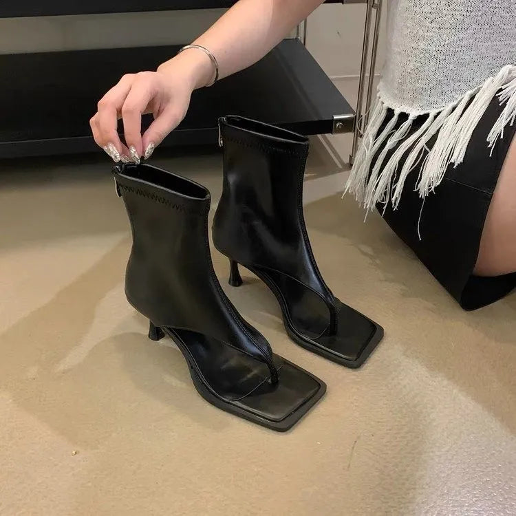Women's Open Toe Ankle Boot — Kitten Heel, Skinny Strap, Zip