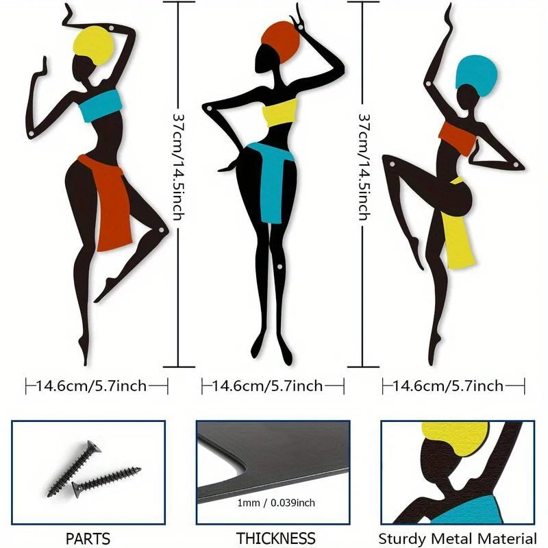 African Metal Wall Art Set of 3 | Ethnic Dance Silhouette Iron Wall Sculpture for Living Room