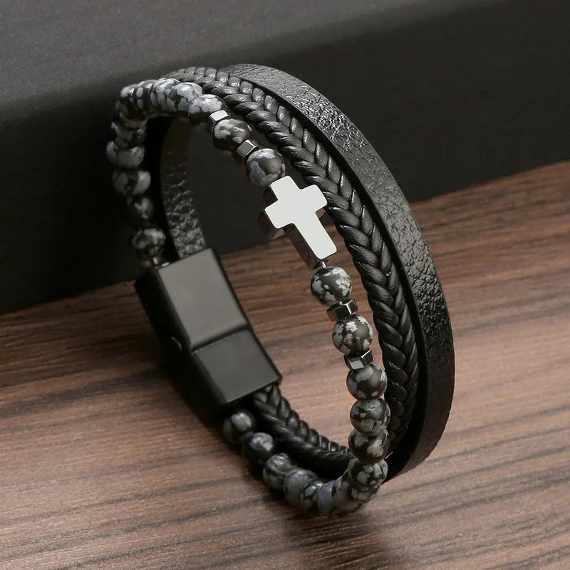 FBA Prayer Rosary Cross Natural Stone Leather Bracelet | Yoga Meditation Jewelry