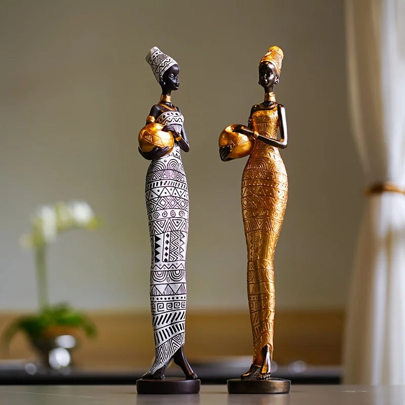 Retro African Women Holding Pottery Pot Resin Figurine | Painted Statue for Home, Bedroom & Desktop Decor