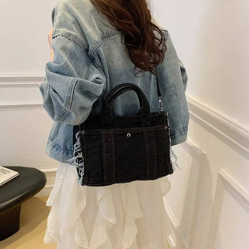 Denim Tote Bag with Ruched Straps – Large Capacity Crossbody Shoulder Handbag