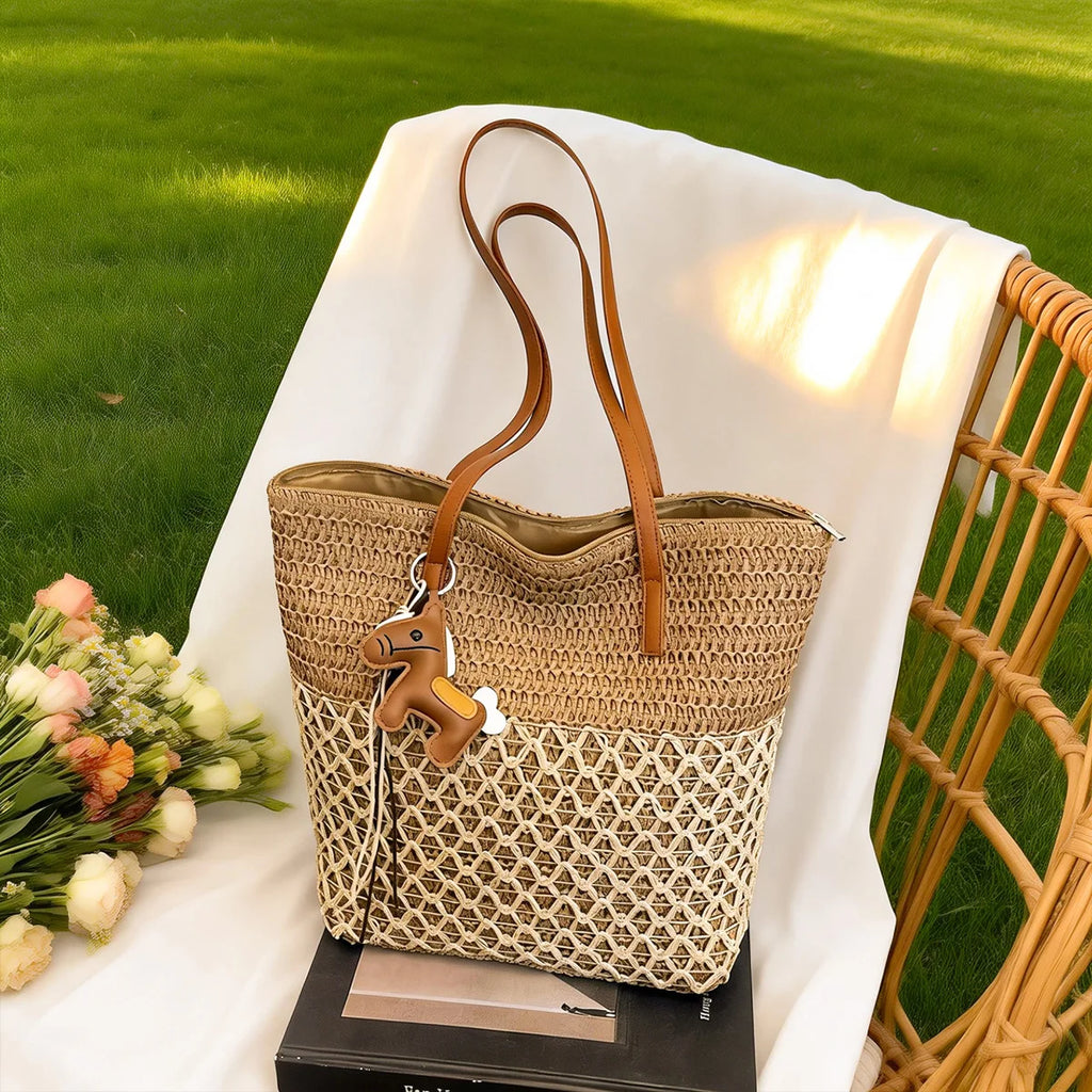 Bohemian Straw Tote Bag with Pony Charm – Hollowed Weave Beach Shoulder Bag