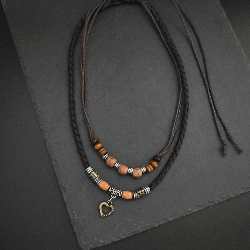 FBA Vintage Boho Leather Heart Necklace | Unisex Long Jewelry