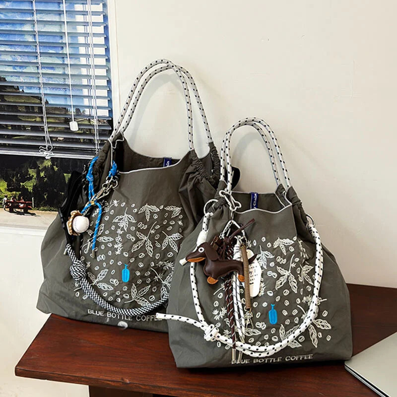 Nylon Embroidered Tote Bag – Large Capacity Lightweight Shoulder & Shopping Bag