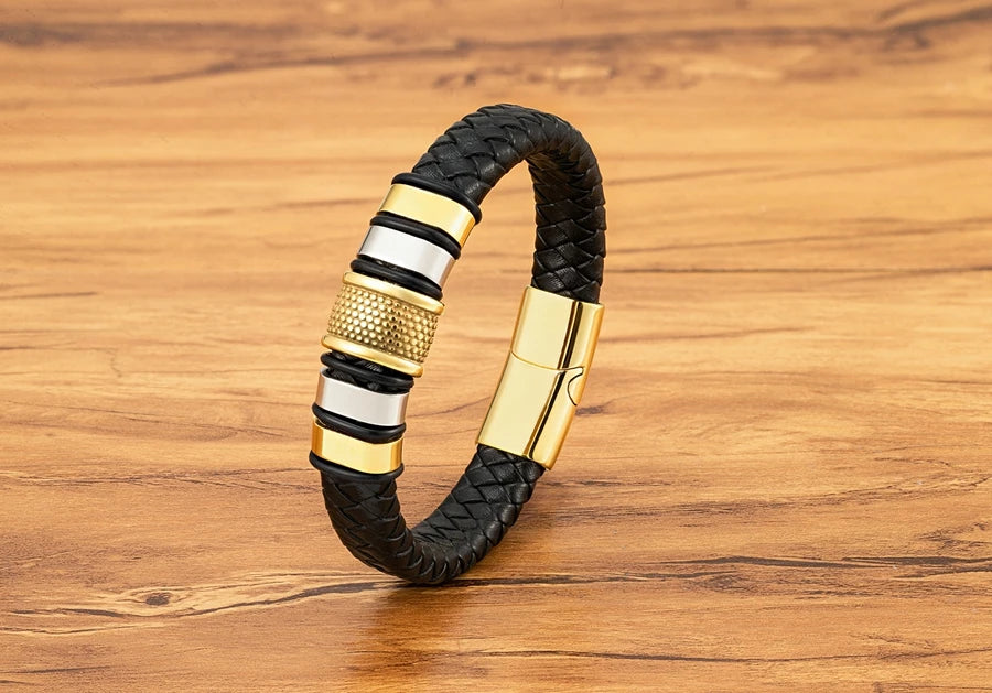 FBA Men's Stainless Steel Beaded Leather Rope Bracelet | Charm Jewelry Gift