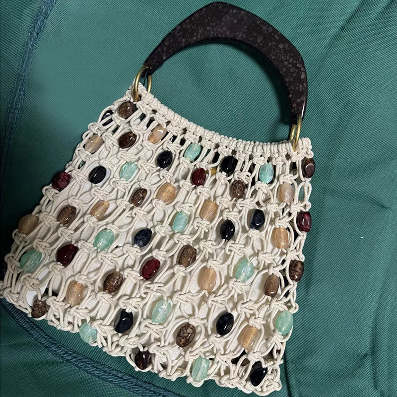 Hand-Woven Beaded Tote Bag with Wooden Handle – Boho Hollow-Out Knitted Beach Handbag