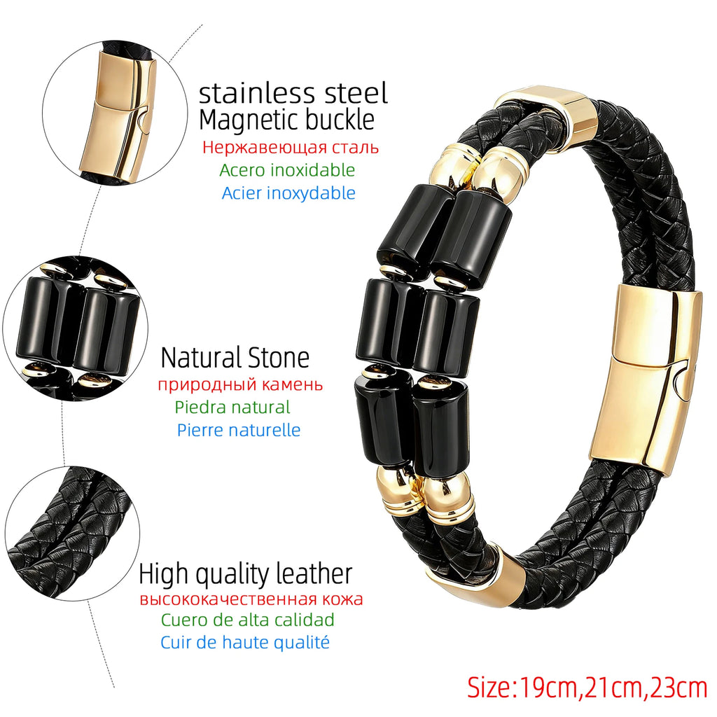 FBA Men's Natural Agate Leather Bracelet | Multi-Color Crystal Healing Jewelry