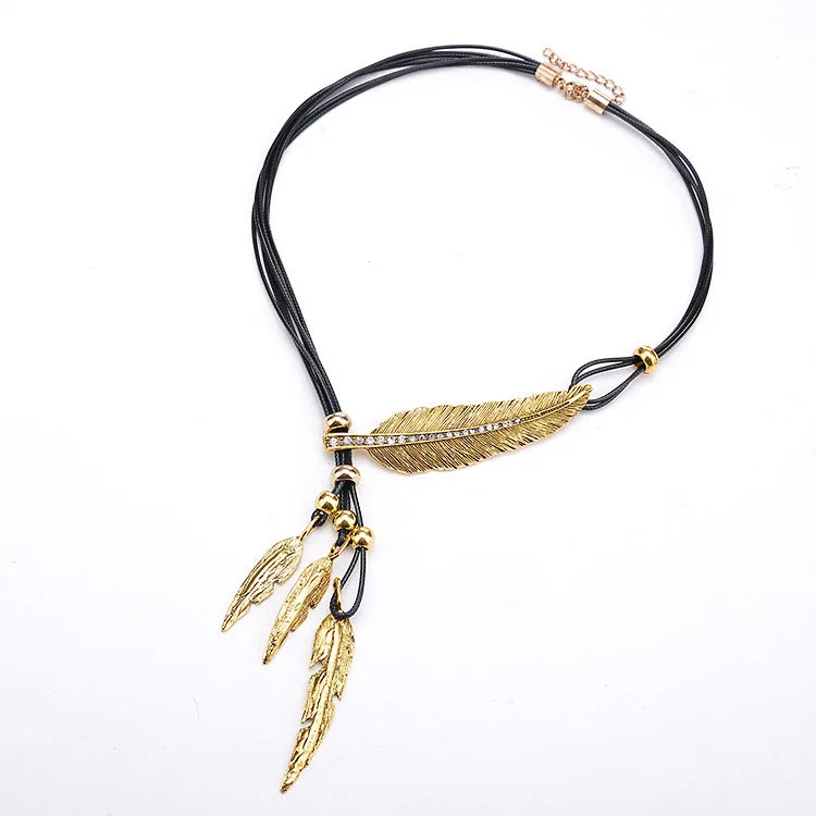 FBA Feather Rhinestone Tassel Necklace | Silver Leather Rope Jewelry