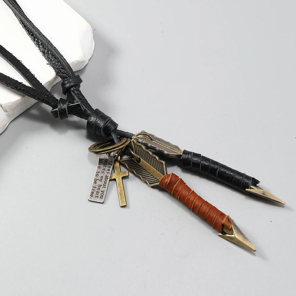 FBA Handmade Leather Double Arrow Pendant Necklace | Boho Artisan Jewelry