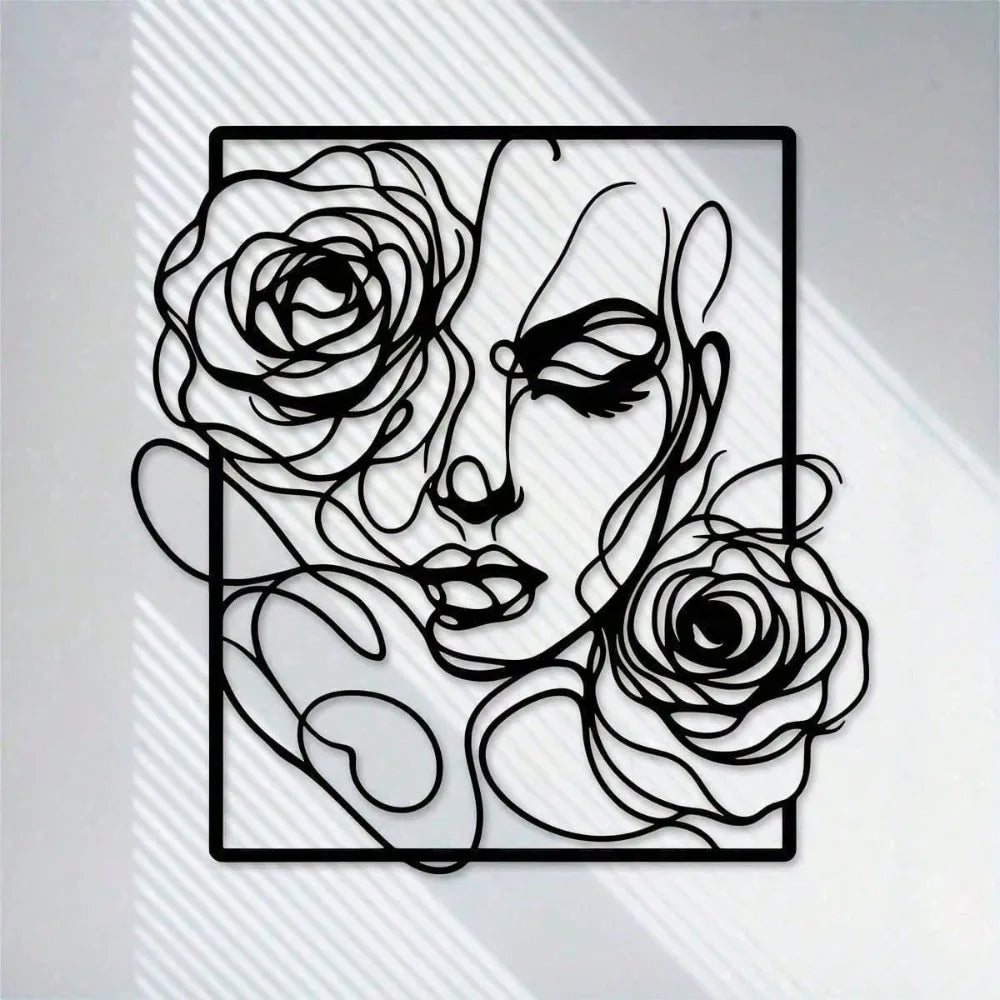 Black Metal Wall Art | Elegant Woman & Rose Silhouette Waterproof Wall Decor