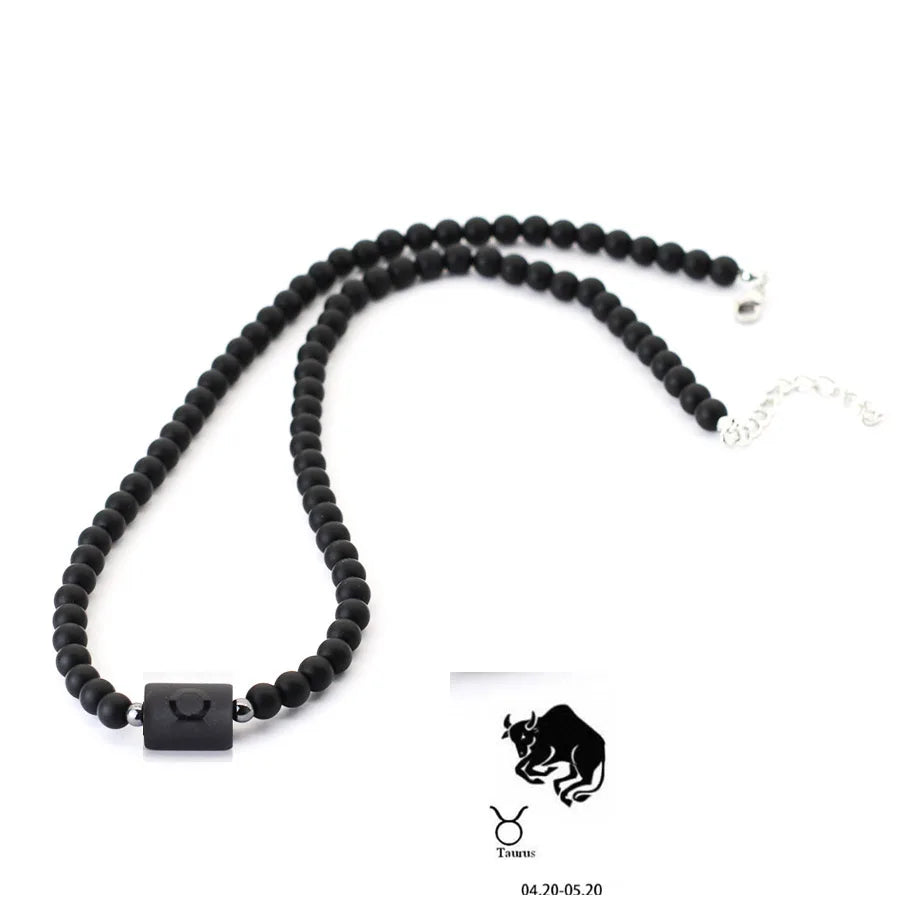 FBA 12 Constellations Black Onyx Beaded Necklace | Men's Jewelry