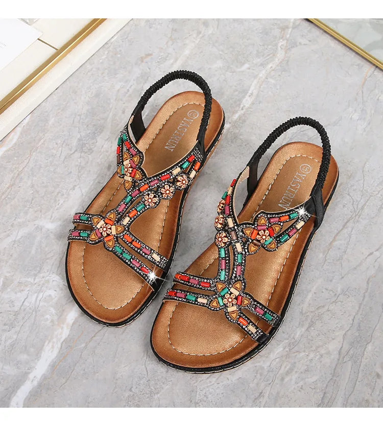 FBA Women's Rhinestone Bohemian Hollow Flat Sandals | Summer Casual Shoes
