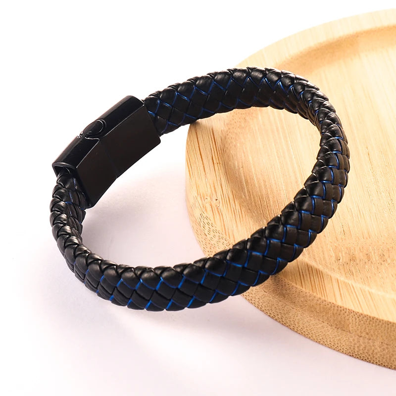 FBA Men's Black Braided Leather Magnetic Bracelet | Wristband Gift