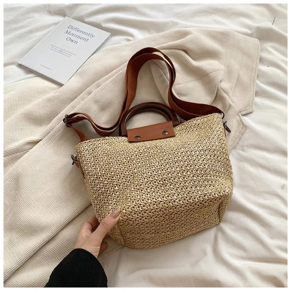 Hand Woven Straw Top Handle Crossbody Bag – Bohemian Beach Vacation Tote