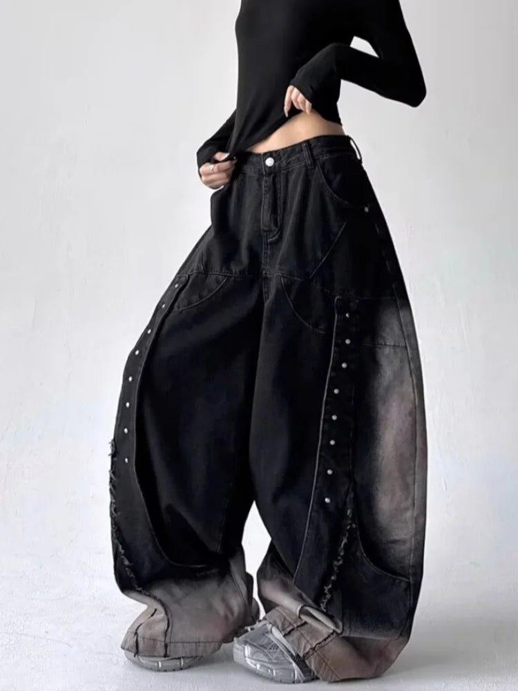 Women's American Retro Y2K Patchwork Wide-Leg Jeans – Baggy Stacked Denim Trousers | Vintage Black & Blue | S–XXXL | FBA Vibes