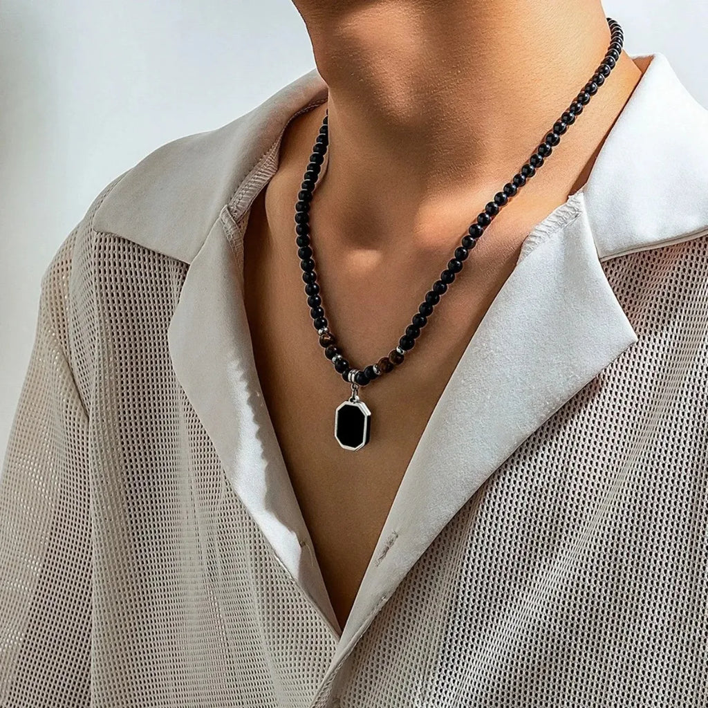 FBA Black Beads Square Pendant Necklace for Men | Fashion Jewelry