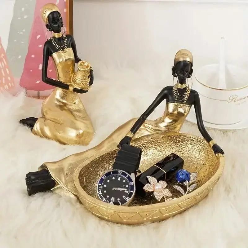 African Style Resin Woman Sculpture with Storage Box | Tribal Jewelry Organizer & Home Decor