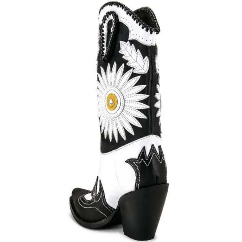 Women's Sunflower Embroidered Western Cowboy Mid-Calf Boot