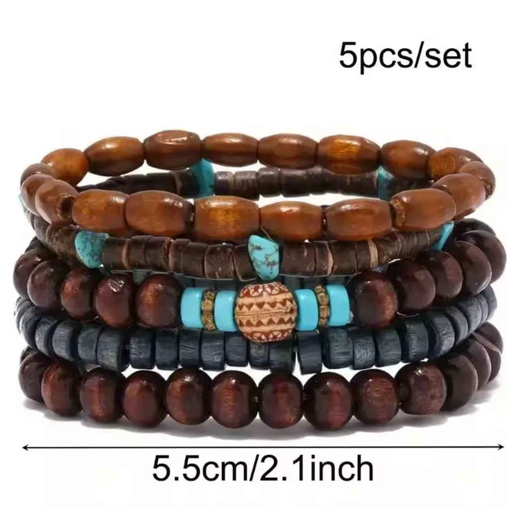 FBA 5-Piece Wood Beaded Elastic Bracelet Set | Unisex Daily Jewelry