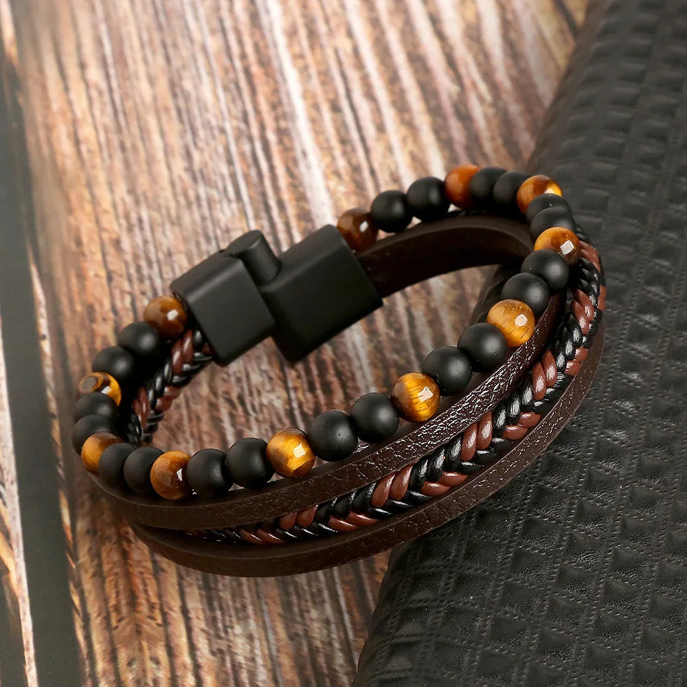 FBA Men's Tiger Eye Beaded Leather Bracelet | Multilayer Jewelry Gift