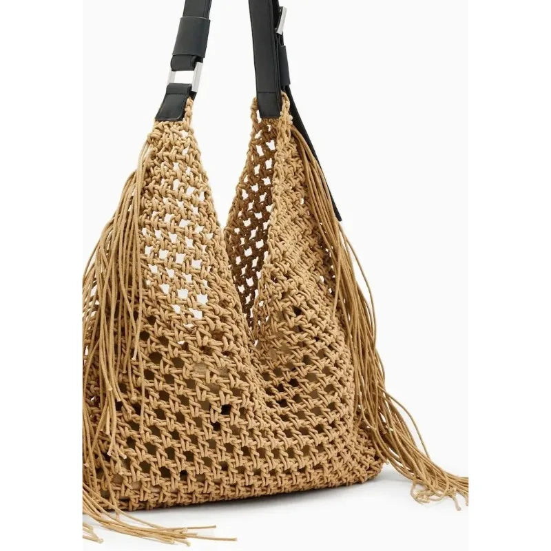 Handmade Woven Hollow-Out Tassel Tote Bag for Women – Bohemian Large Capacity Beach Shoulder Bag